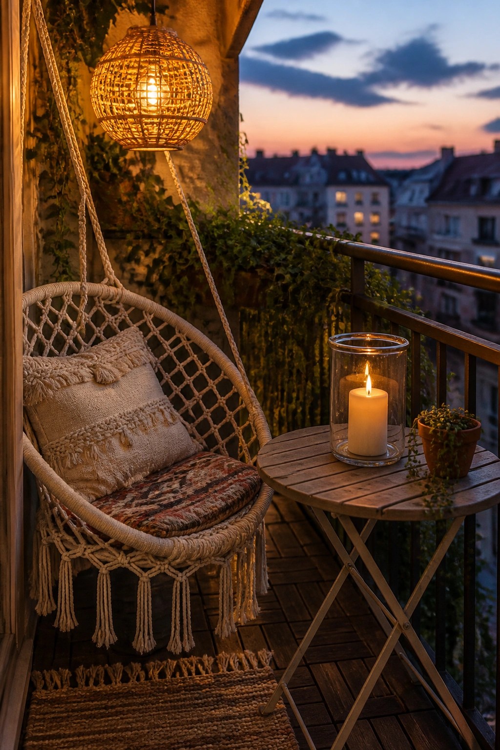 A hanging woven lantern above a macrame chair on a balcony beside a small table with a lit candle in a glass holder at dusk.