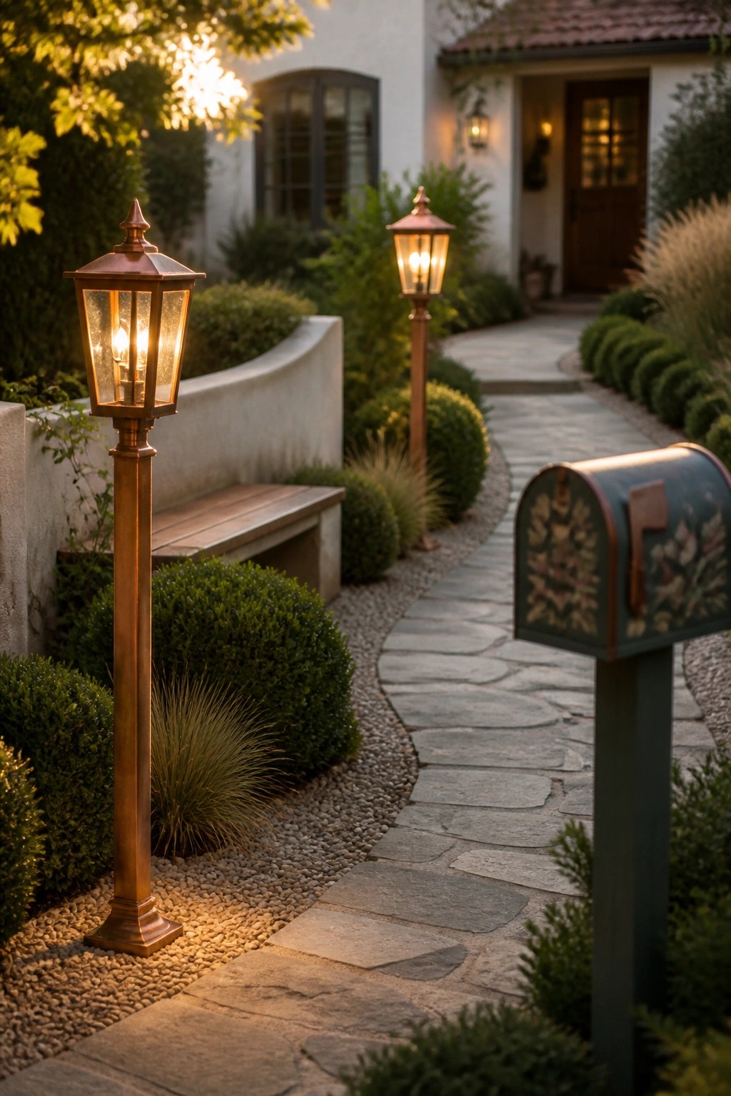 A curved stone pathway with two glowing copper lanterns on posts, bordered by shrubs and a decorative mailbox, leading toward a house entrance.