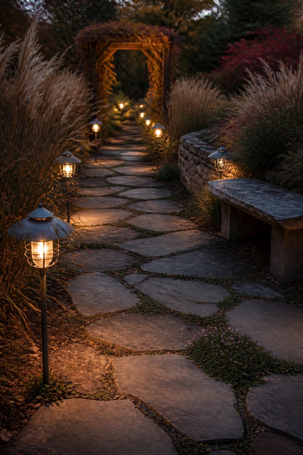 A stone garden path lined with metal lanterns on stakes at dusk, bordered by tall grasses and a low stone wall.