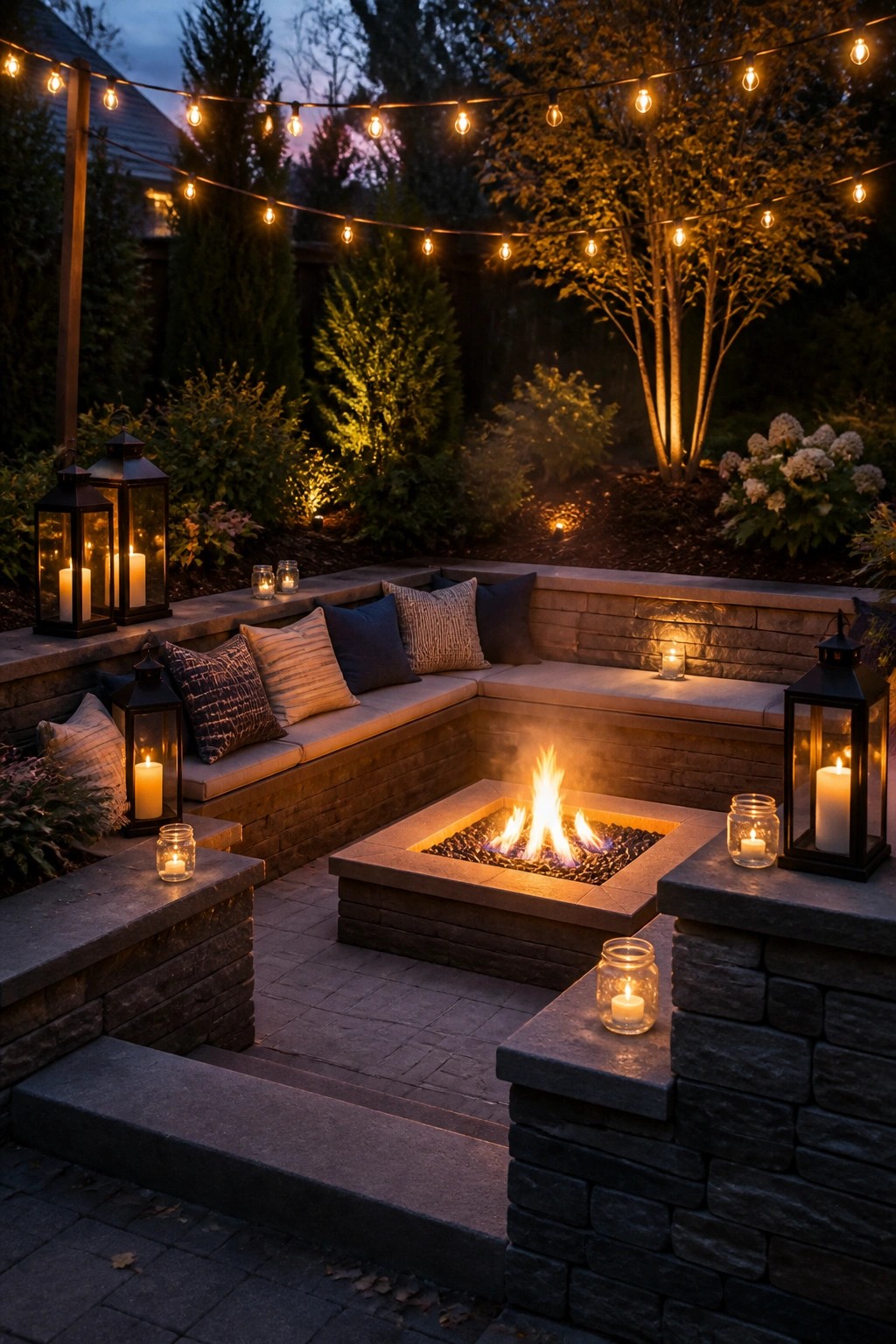 An outdoor patio at dusk features a square stone fire pit with built-in seating, black lanterns, glass candle jars, and string lights overhead.