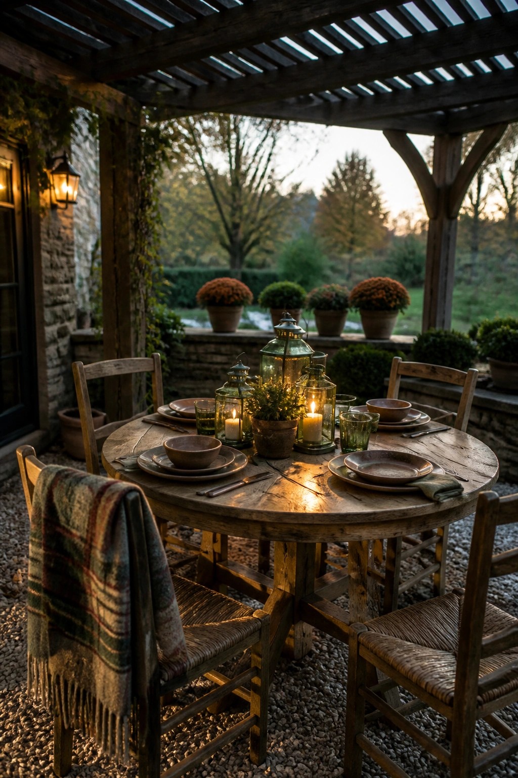 A round wooden dining table set with brown dishes, glasses, and multiple lit lanterns and candles under a wooden pergola on a gravel surface.