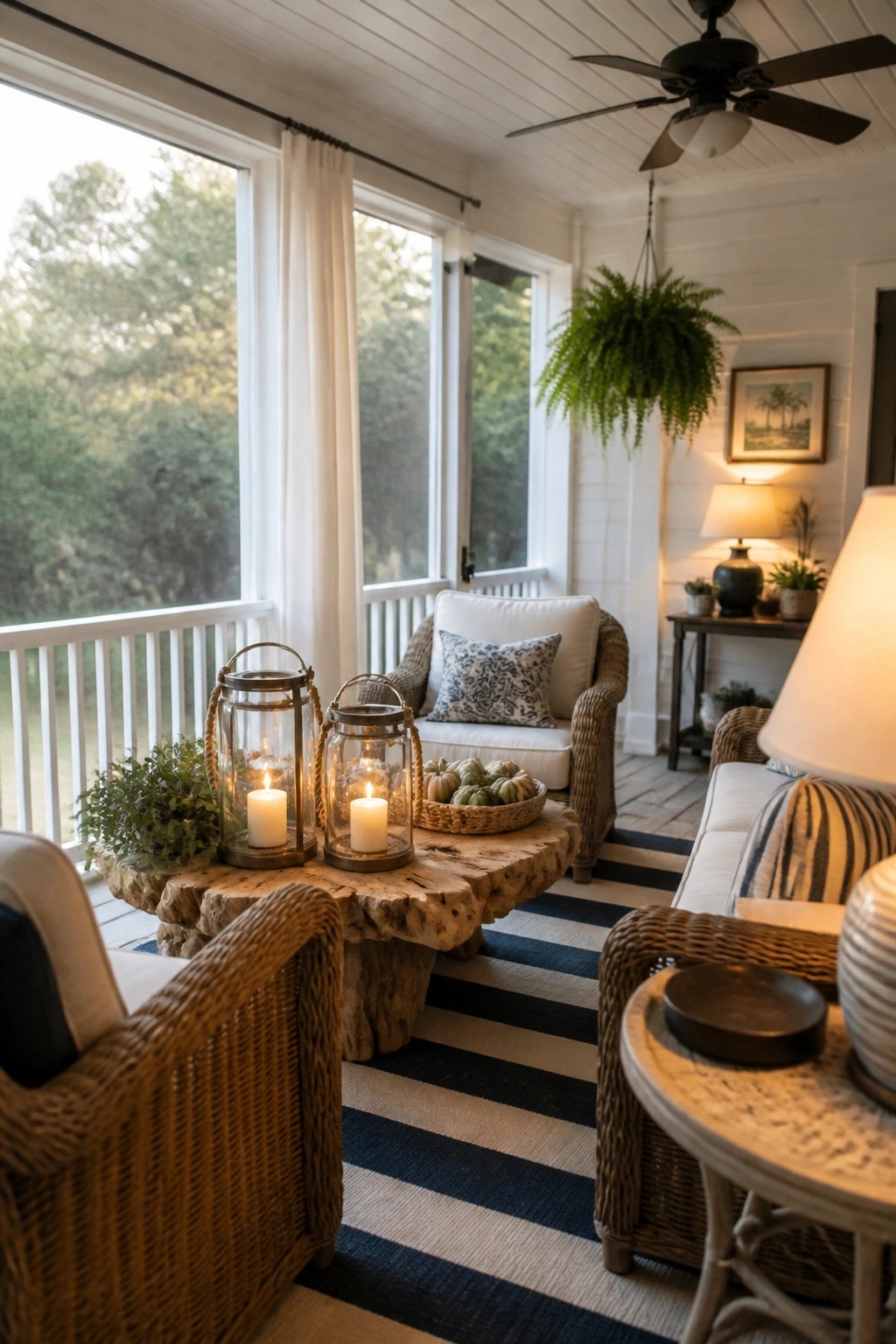 A covered porch featuring a rustic wood coffee table with two lit glass lanterns, wicker seating, and a blue and white striped rug.
