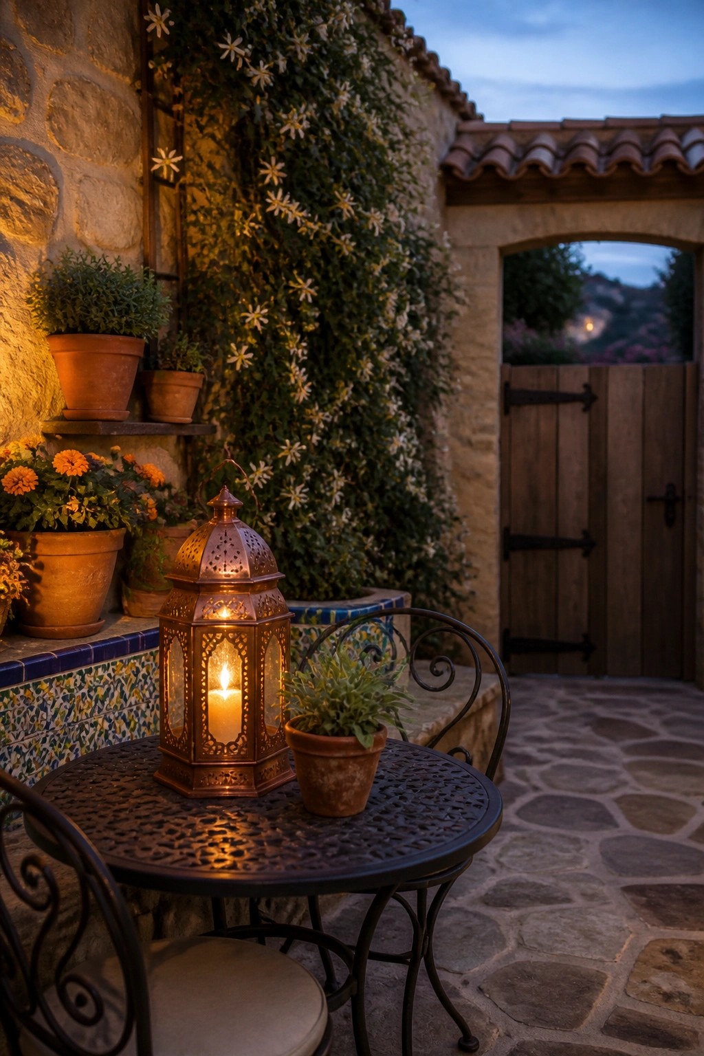 A lit metal lantern and small potted plant rest on a round metal table on a stone patio beside a vine-covered stone wall.
