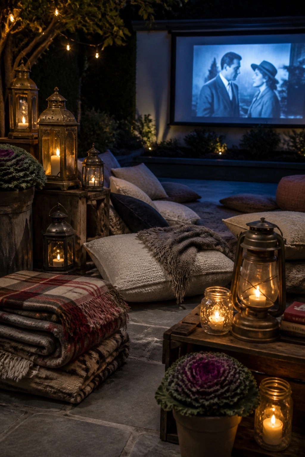 An outdoor patio at night with layered cushions, blankets, and multiple lit lanterns of varying sizes arranged around a seating area in front of a projection screen.