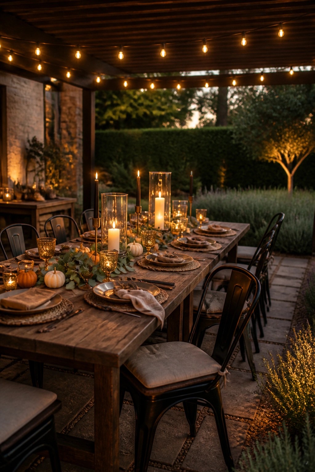 A long wooden outdoor dining table on a covered patio lined with multiple glass cylinder lanterns holding lit candles, small white pumpkins, and greenery, with string lights overhead.