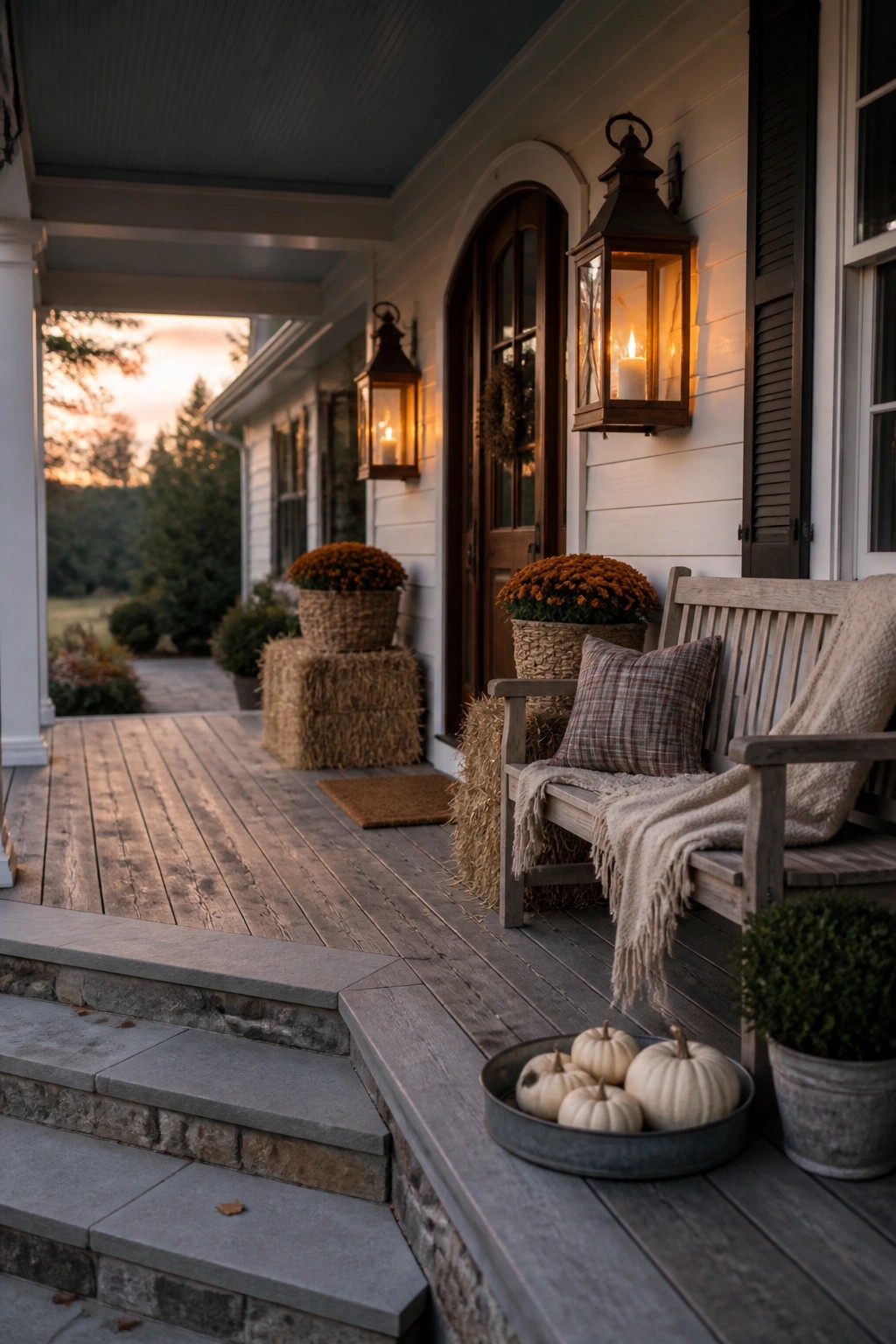 A front porch at dusk with wooden bench, hay bales, mums, pumpkins in a metal tray, and two lit lanterns mounted on white siding.
