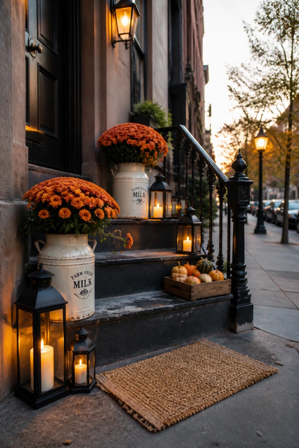 A brick house entrance at dusk with several lit black lanterns placed on and beside the dark steps, orange chrysanthemums in white milk cans, a wooden crate of small pumpkins, and a woven doormat on the sidewalk.