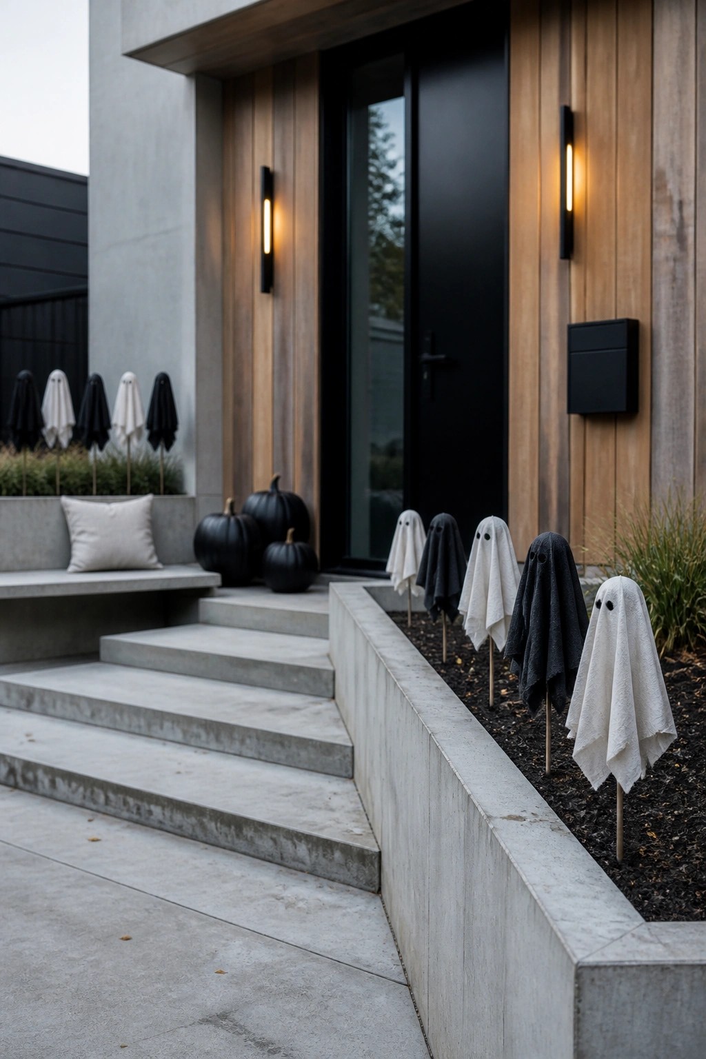 Modern house entry with concrete steps, black door, wood siding, and several ghost figures made from draped fabric standing in the garden bed beside the steps.