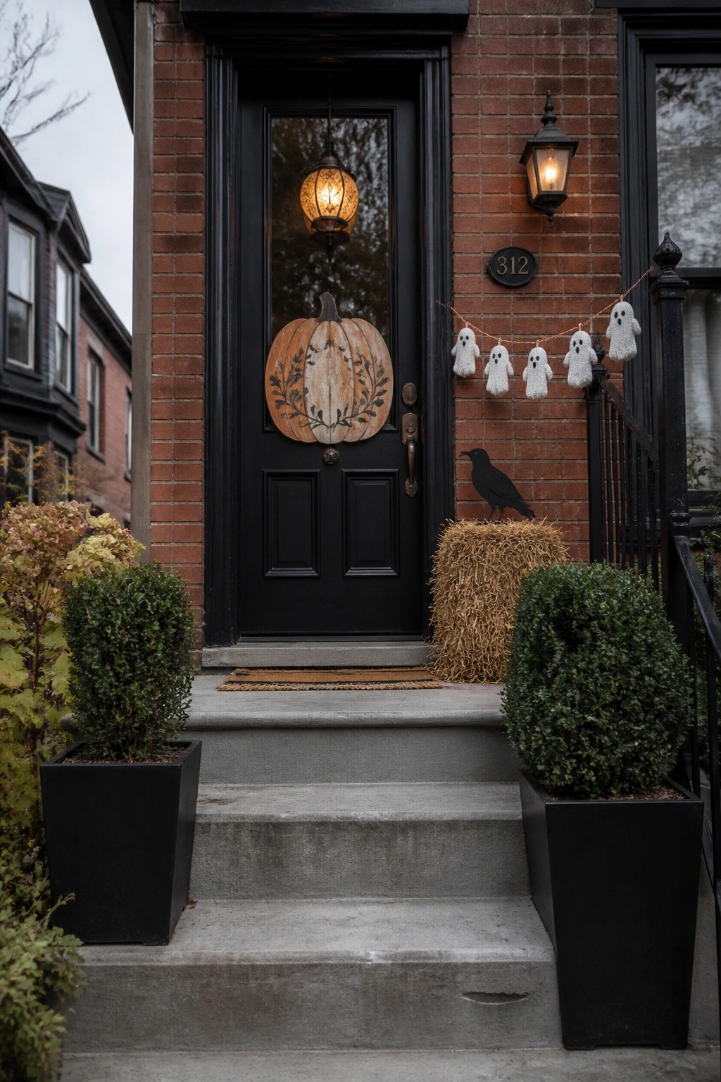 A black door on a red brick house with a string of white ghost figures hanging along the black railing beside the steps.