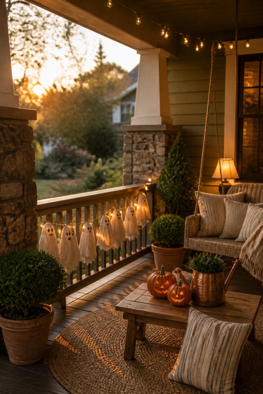 A porch at dusk with ghost-shaped string lights hanging along the wooden railing, small jack-o-lanterns on a table, and a wicker swing nearby.