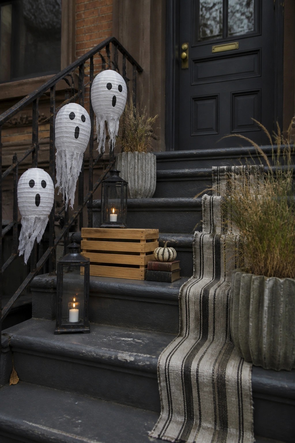 Three white paper ghost lanterns with black facial features hanging from a black metal railing along dark stone stairs.