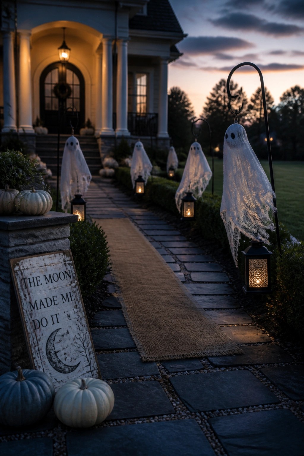 A stone walkway lined with white sheet ghosts on black posts and lanterns leads to the front porch of a house at dusk.