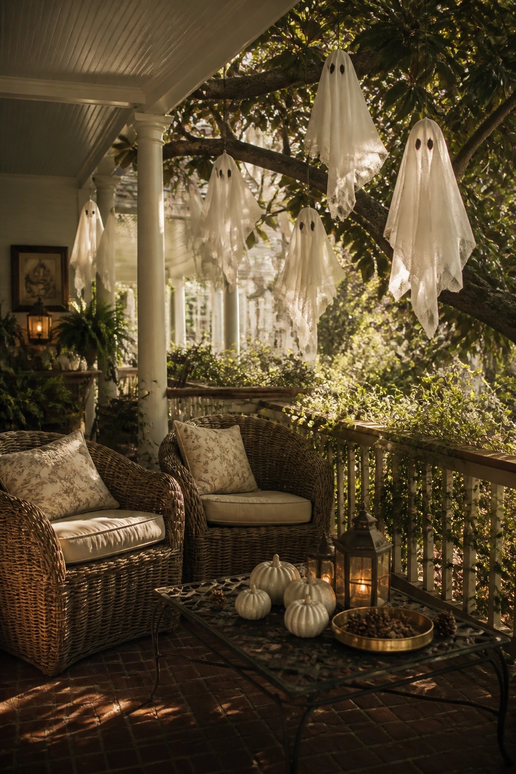 A wooden porch with wicker armchairs, a metal coffee table holding small white pumpkins and lanterns, and multiple white sheet ghosts hanging from tree branches above.