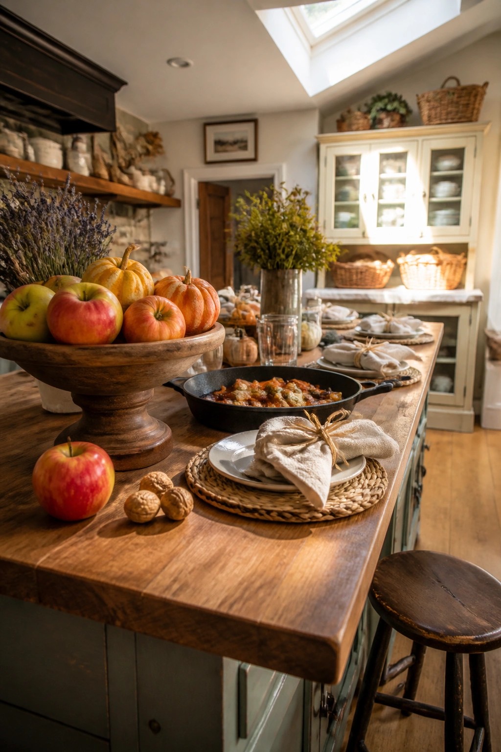A rustic kitchen island with a wooden bowl of apples and pumpkins, a cast iron skillet, walnuts, and simple place settings on woven placemats.