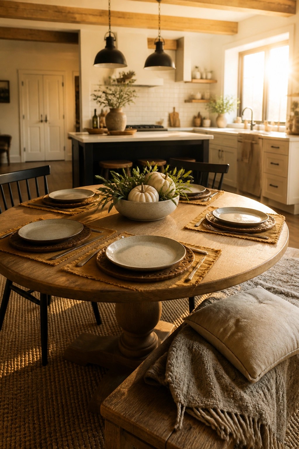 A round wooden dining table set for four with a central bowl of small white pumpkins and greenery, placed in a bright kitchen with black chairs and a woven rug.