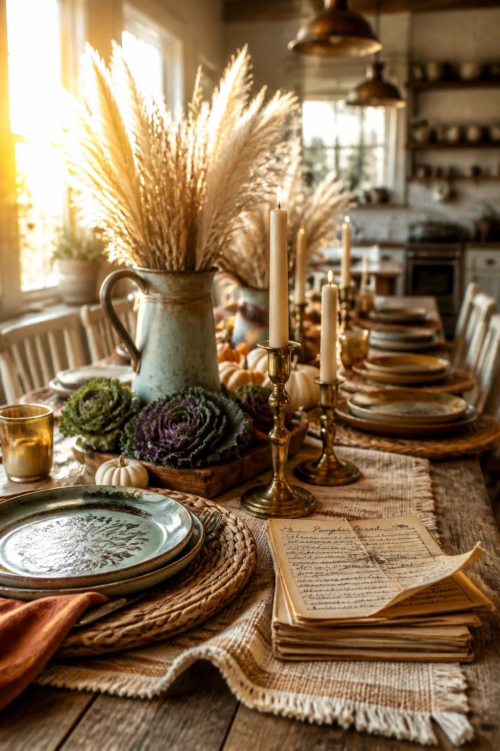 A rustic wooden dining table set with ceramic plates, brass candlesticks, dried grasses in a pitcher, small pumpkins, and a stack of handwritten papers.
