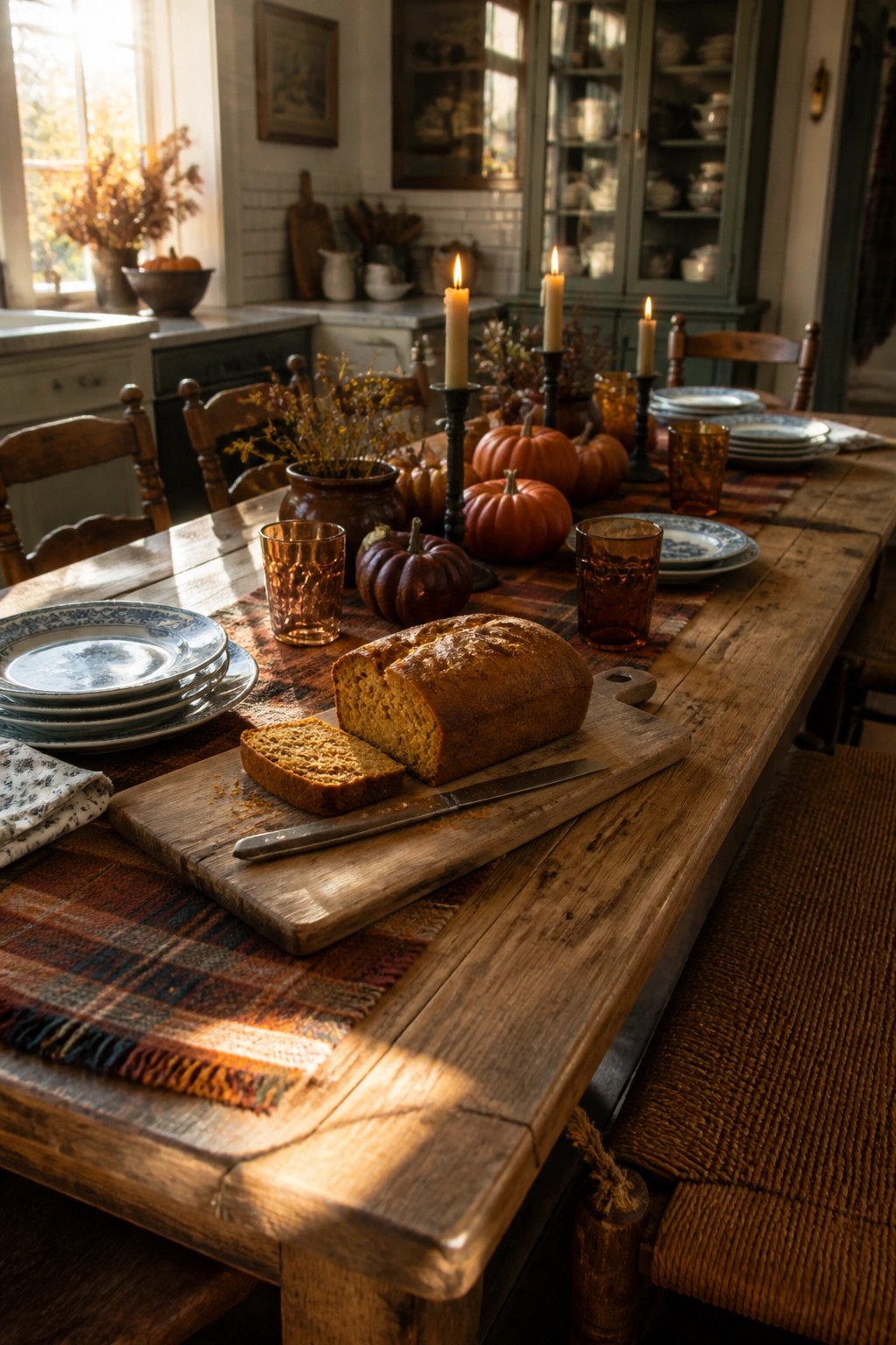 A rustic wooden dining table set with blue and white plates, amber glassware, lit candles, small pumpkins, and a sliced loaf of pumpkin bread on a cutting board over a plaid runner.