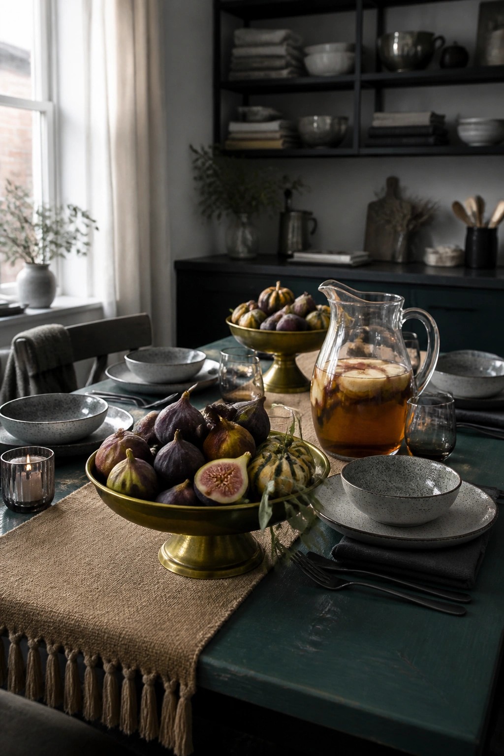 A dark green dining table with a fringed burlap runner, a brass bowl of fresh figs and small gourds, a glass pitcher of infused drink, and speckled ceramic dishes.