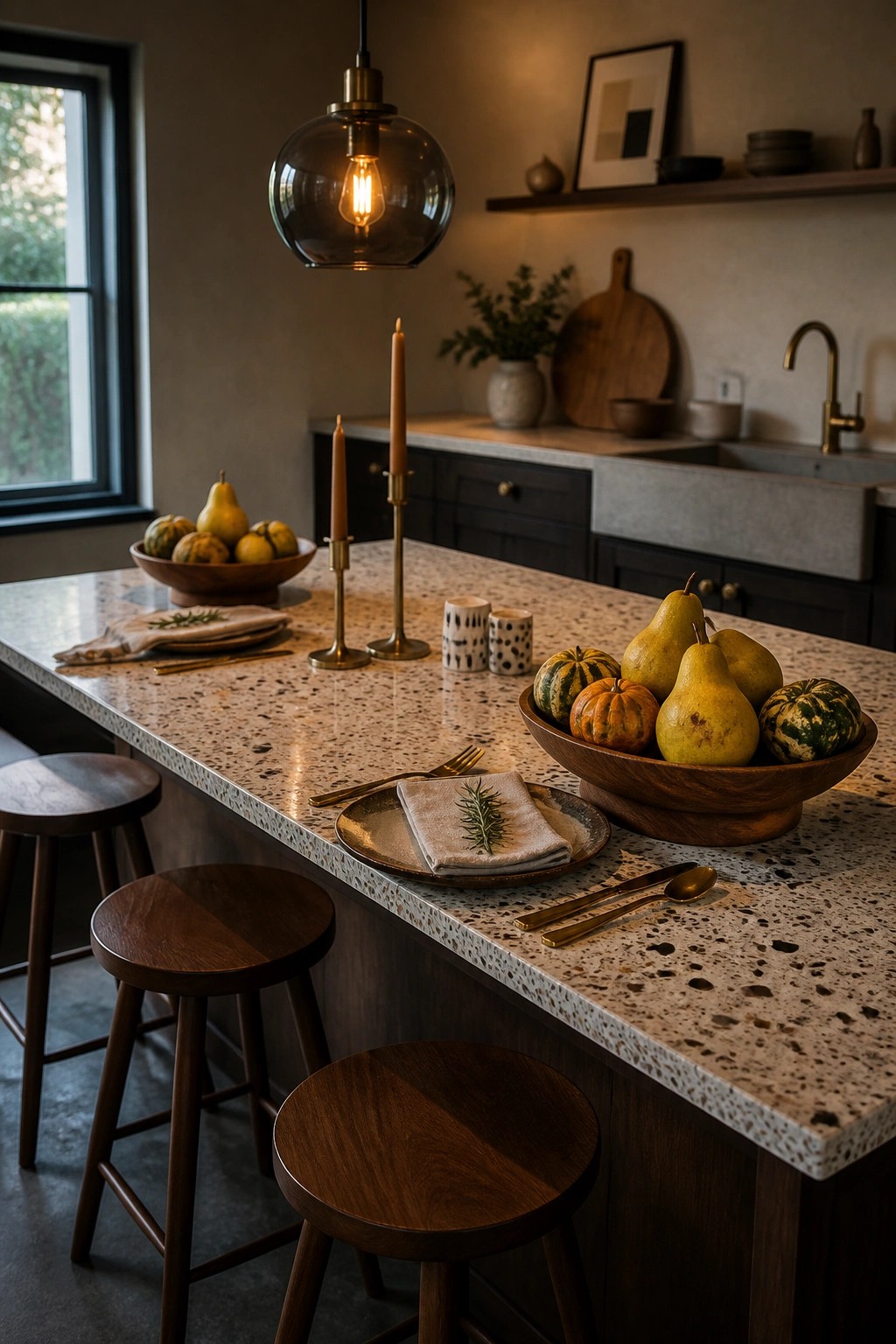 A kitchen island with wooden bowls of pears and gourds, simple place settings, and wooden stools along one side.