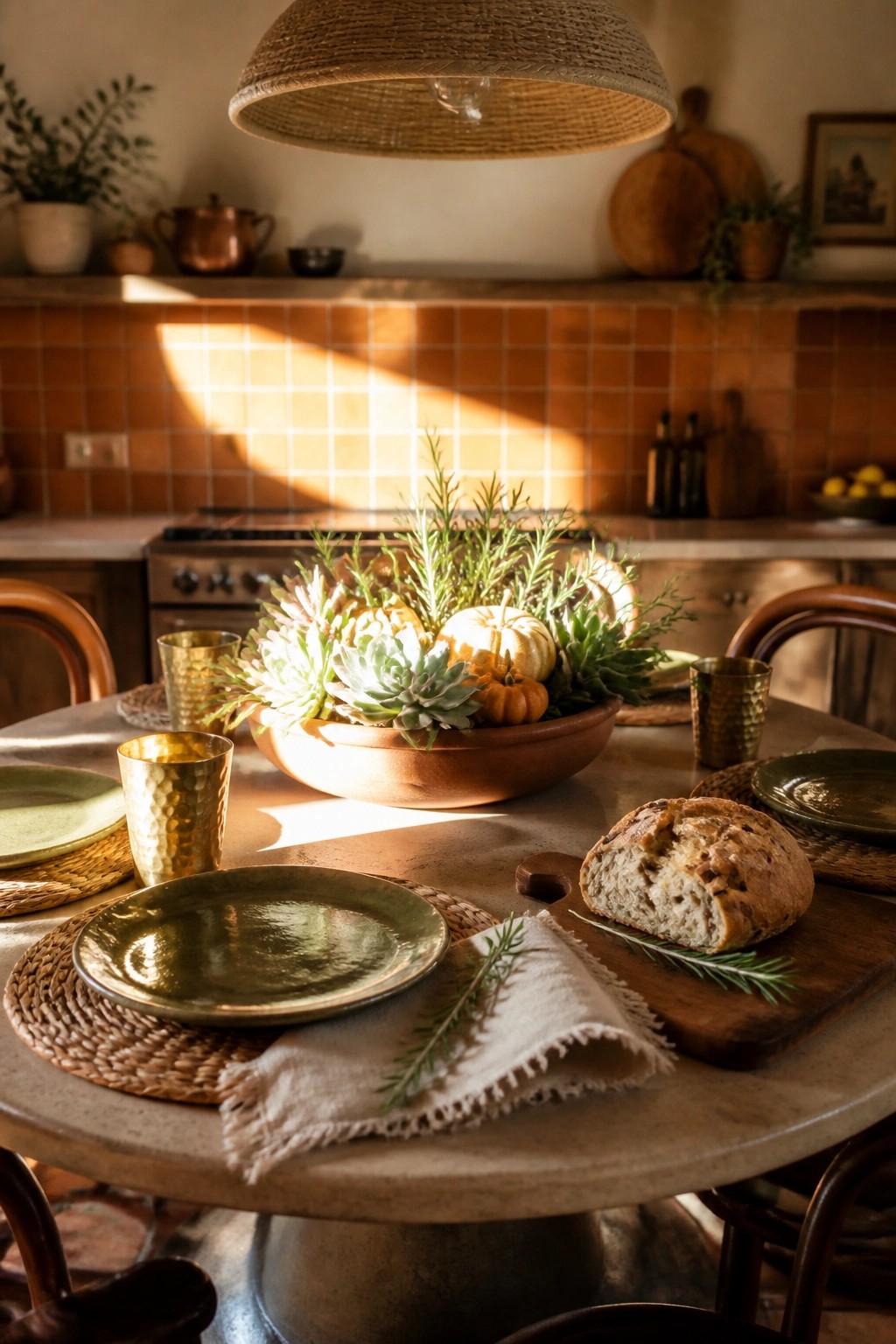 A kitchen table with a large terracotta bowl holding small pumpkins, succulents, and greenery as the centerpiece, surrounded by green plates, hammered gold cups, woven placemats, and a partially sliced loaf of bread.