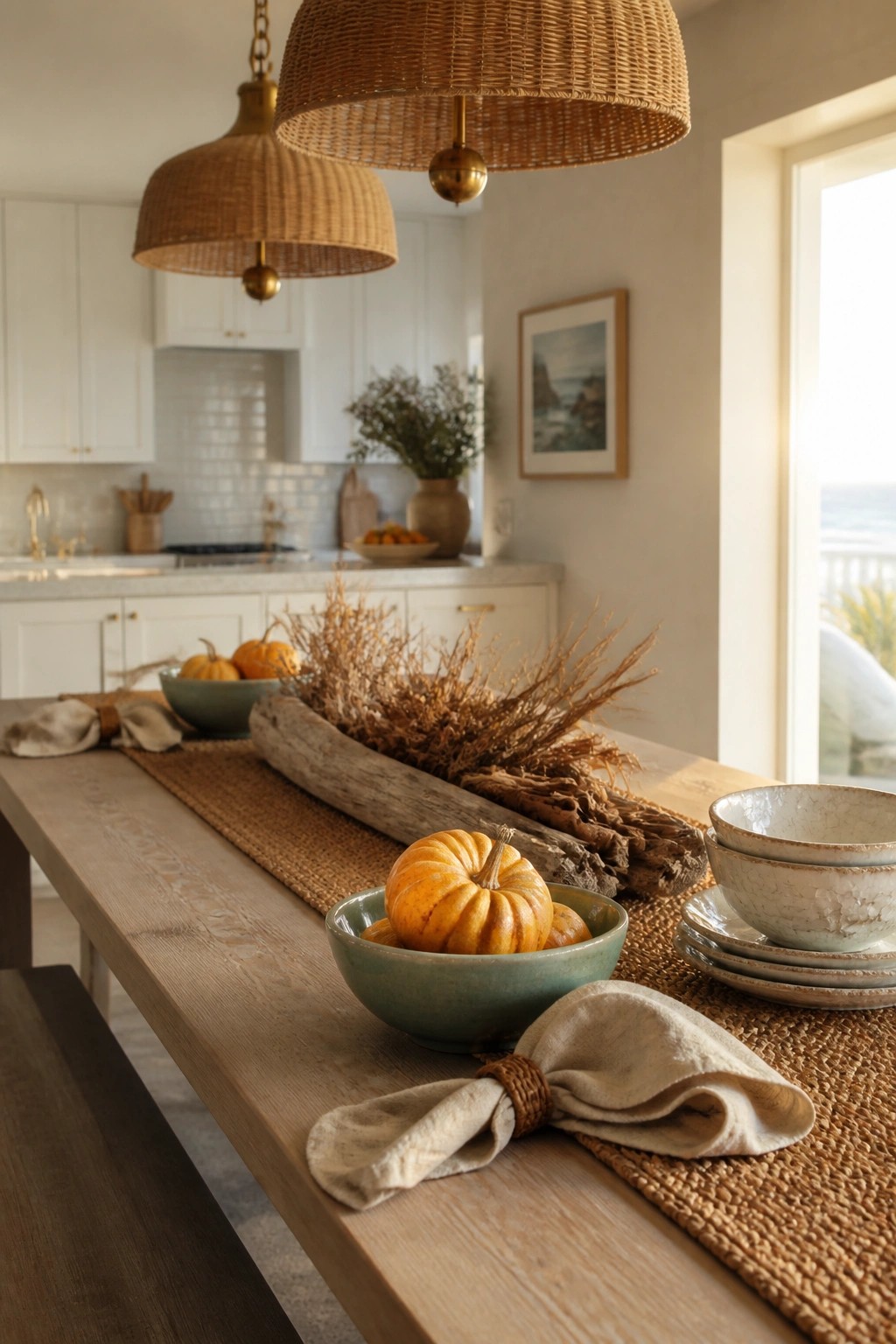 A light wood kitchen table with a burlap runner, bowls of small pumpkins, dried branches, and stacked dishes beside woven pendant lights.