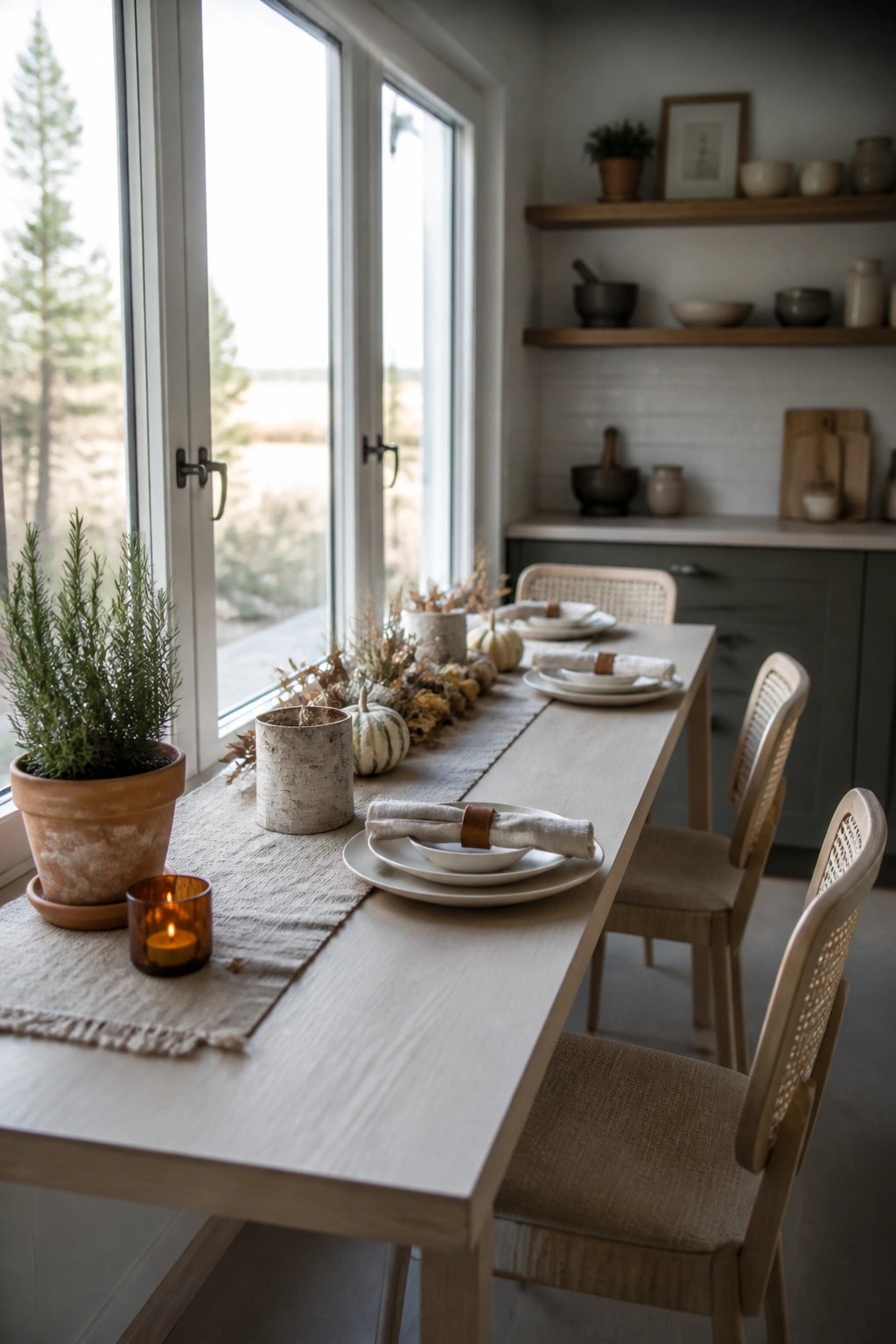 A long wooden dining table with a beige linen runner, white plates, rolled napkins, small pumpkins, dried foliage, a lit candle, and a potted rosemary plant beside large windows.