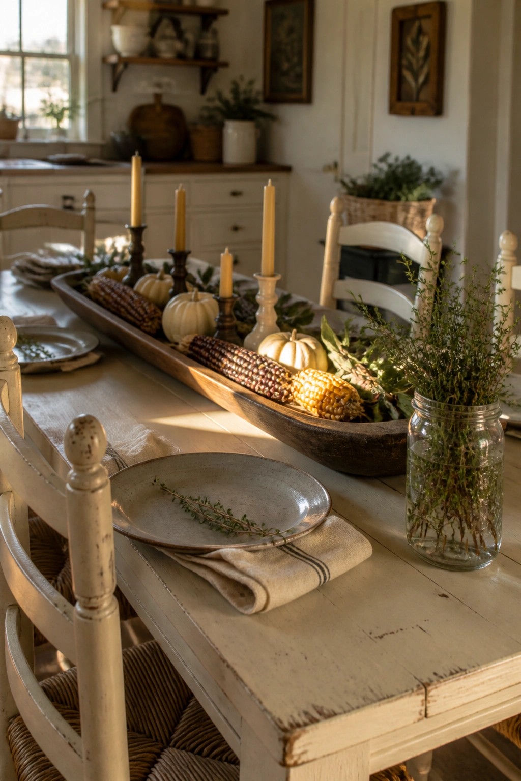 A white wooden dining table with a long dark wood bowl centerpiece holding small pumpkins, corn cobs, and lit taper candles, set with plates and a glass jar of greenery.