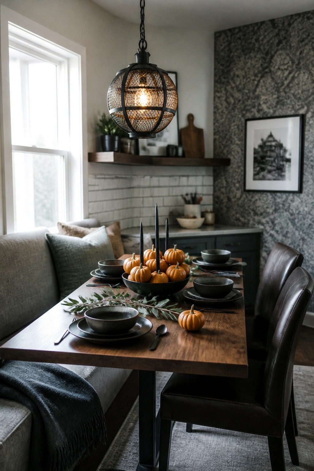 A wooden dining table with dark bowls, plates, and a centerpiece of small orange pumpkins, black candles, and greenery in a cozy room with leather chairs and a hanging light.