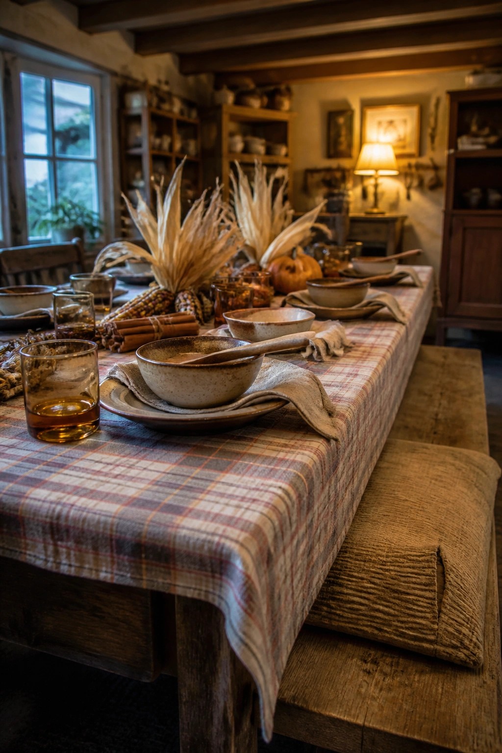 A long wooden dining table covered with a red and gray plaid cloth, set with ceramic bowls, glassware, dried corn, and autumn elements in a rustic room.