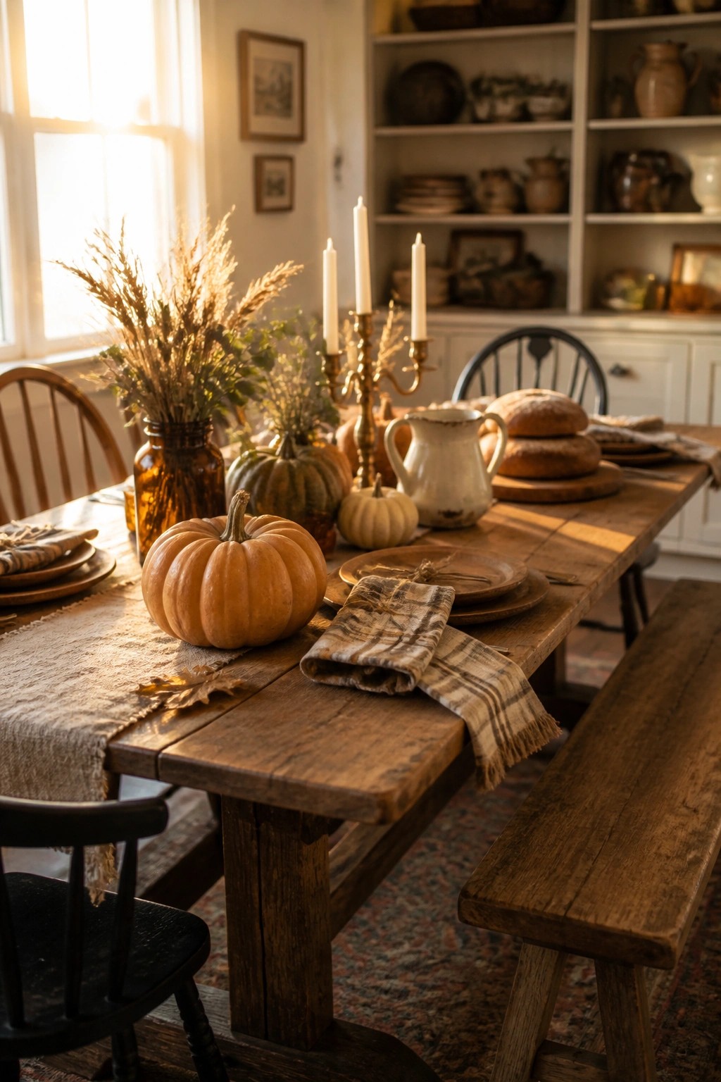 A rustic wooden dining table decorated with orange pumpkins, white taper candles, dried grasses in a glass jar, bread loaves, and plaid napkins.