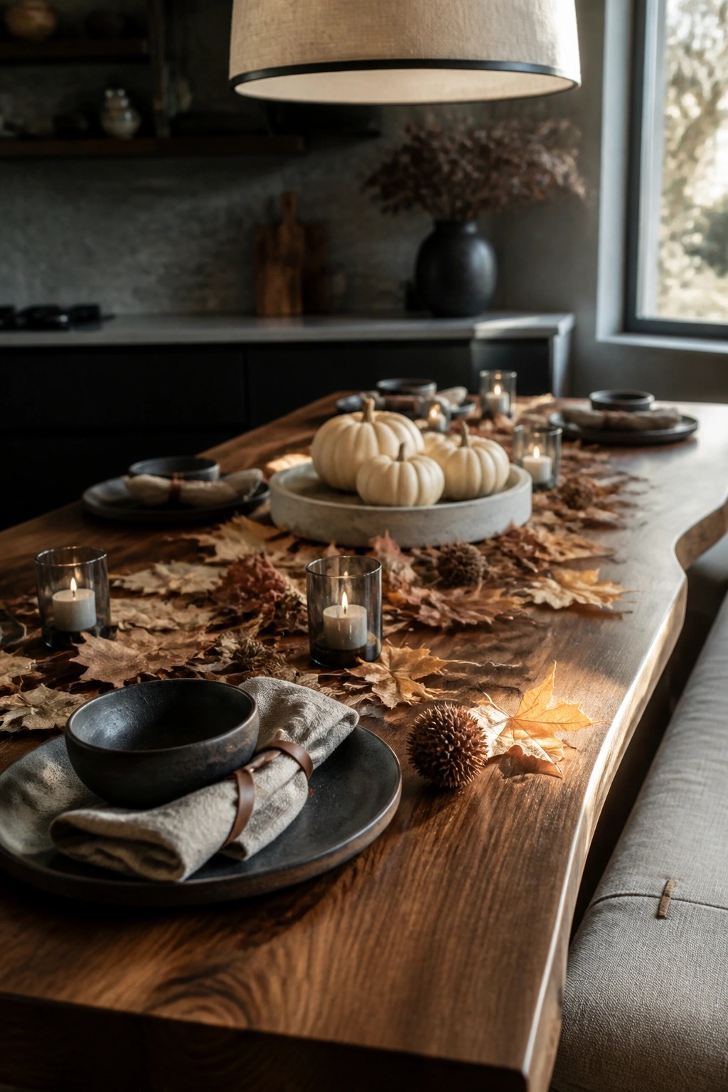 A wooden kitchen table decorated with scattered autumn leaves, white pumpkins on a tray, lit candles in glass holders, and dark plates with napkins.