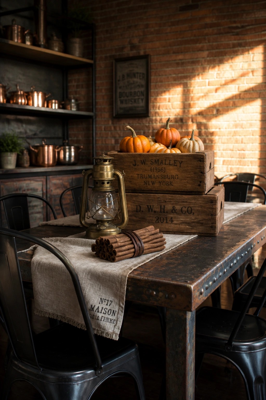Rustic table with brass lantern, cinnamon sticks, and crates of pumpkins