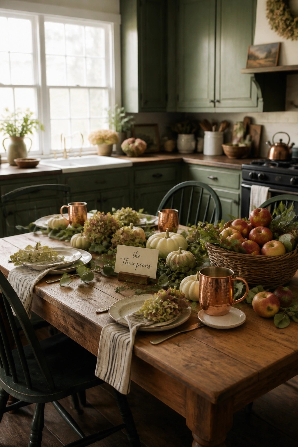 A rustic wooden kitchen table set with white plates, copper mugs, small white pumpkins, hydrangeas, and a large basket of red apples in a green kitchen.