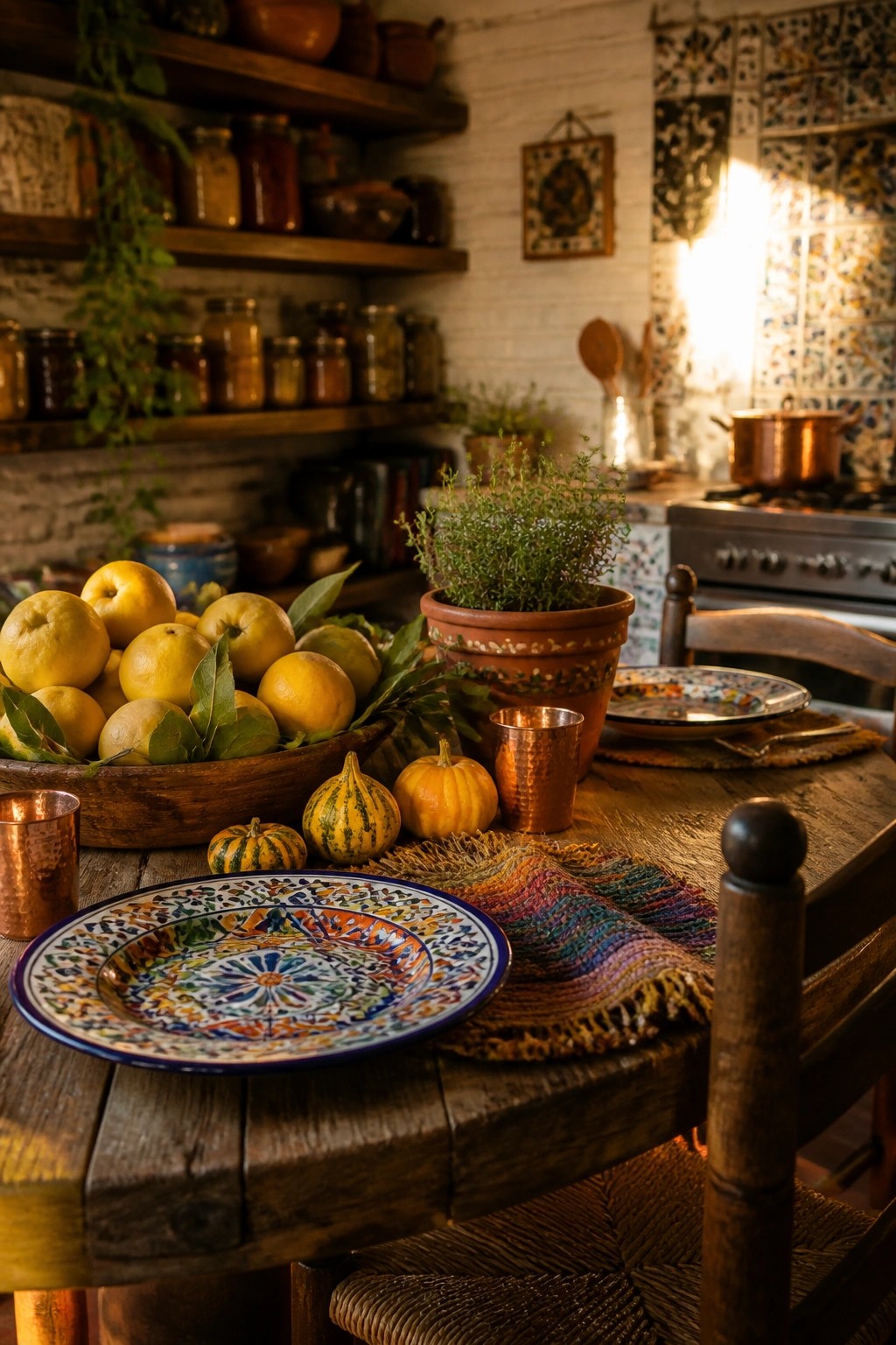 A rustic wooden kitchen table set with colorful patterned ceramic plates, copper cups, a wooden bowl of citrus fruits, small pumpkins, and potted herbs.