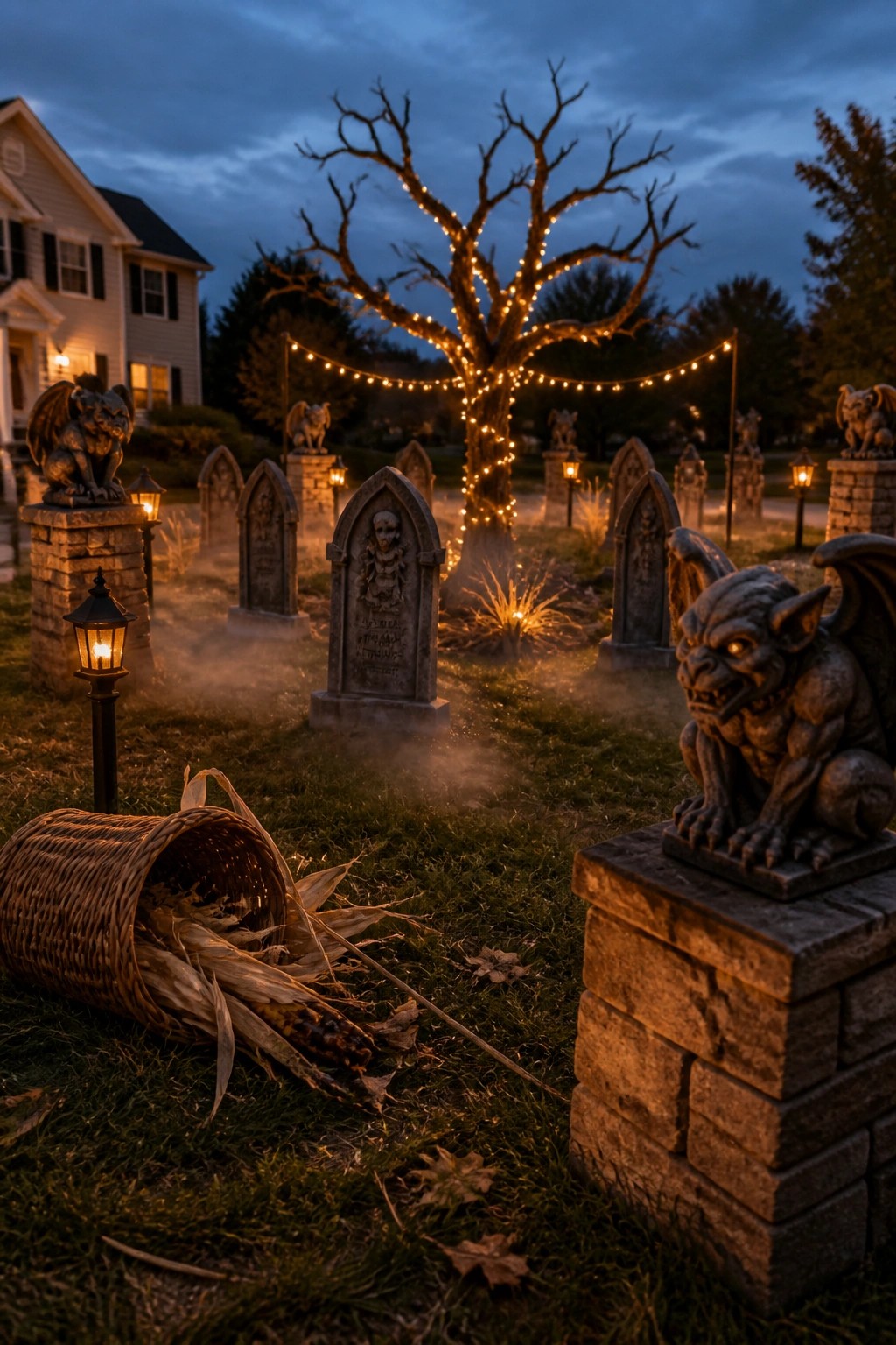 A suburban front yard at dusk set up as a Halloween graveyard with multiple tombstones, gargoyle statues on pillars, a bare tree strung with lights, lanterns, and low ground fog.