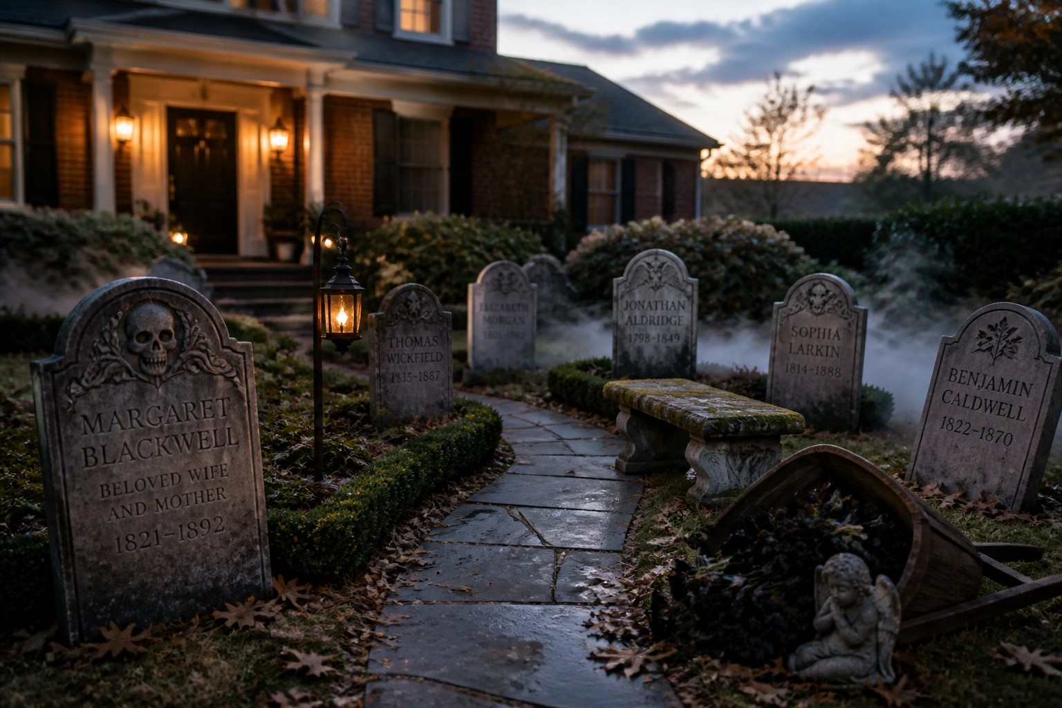 A stone path lined with gray tombstones on both sides, with fog drifting low around the stones and a lit lantern on the left, in front of a house at dusk.