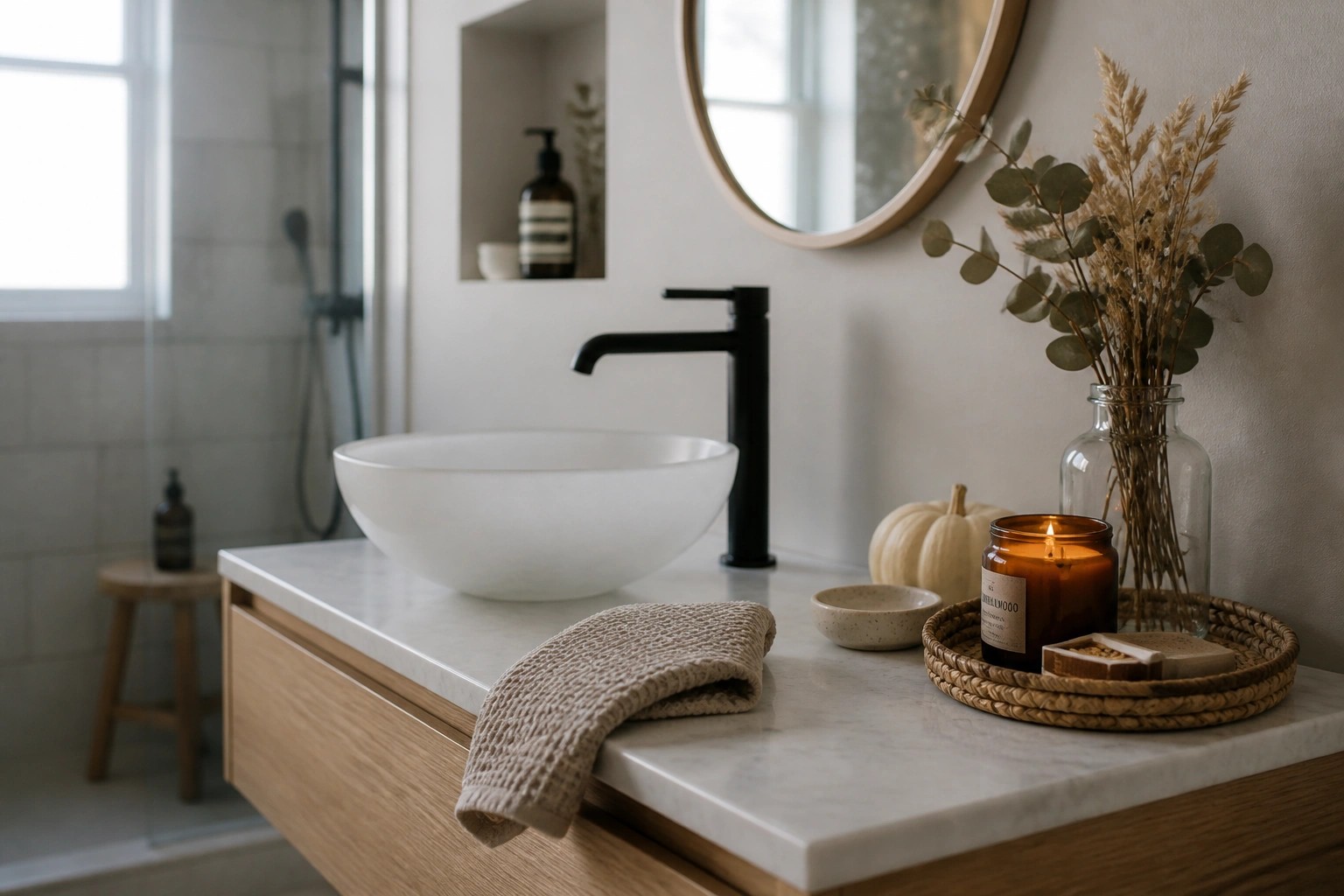 A modern bathroom vanity with a floating wood cabinet, white marble countertop, white vessel sink, black wall-mounted faucet, round wood-framed mirror, and a tray holding a candle, soap, small pumpkin, and vase of dried foliage.