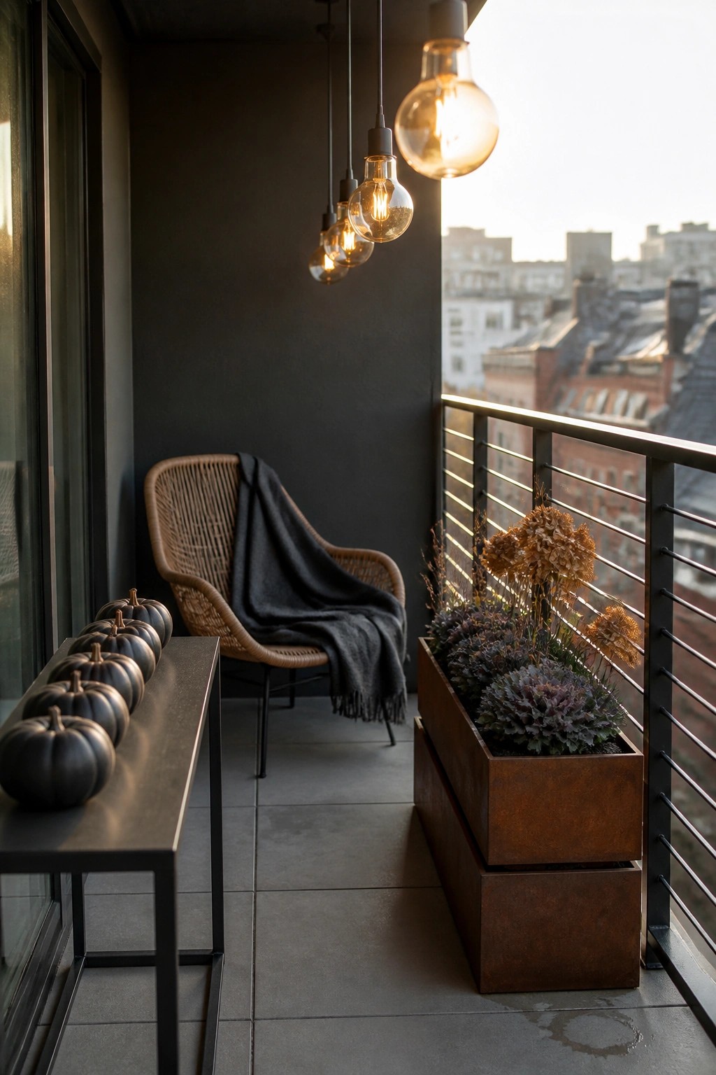 A modern balcony features a row of dark pumpkins on a metal table beside a woven chair with a dark throw, hanging light bulbs, and a rusted metal planter with dried flowers.