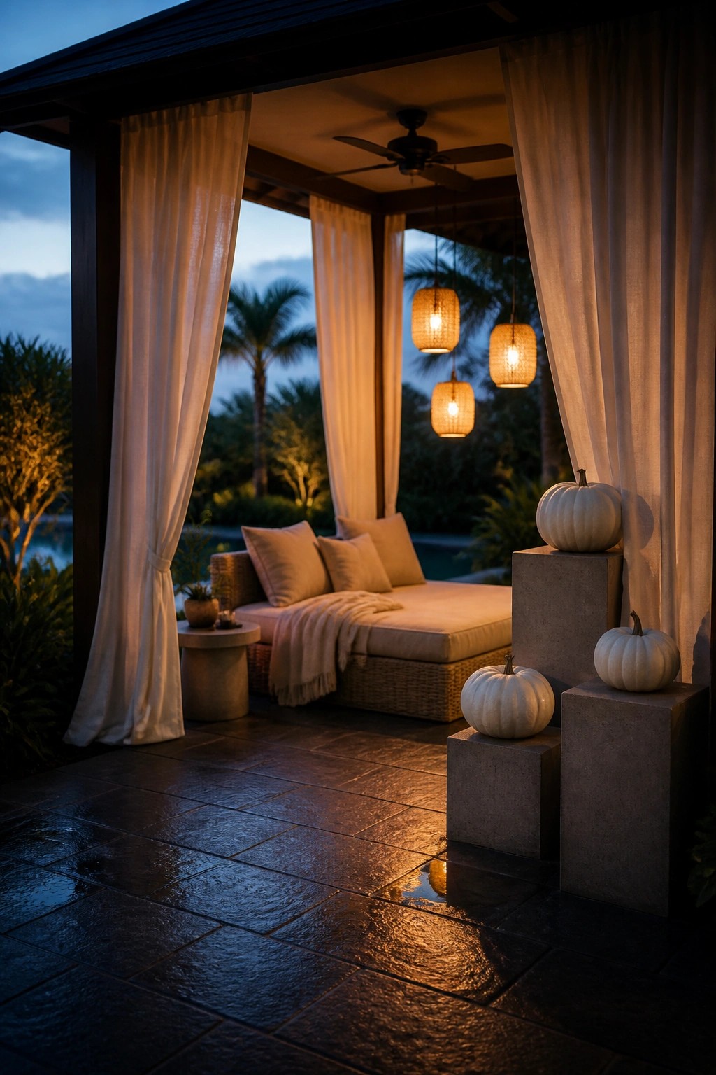 A covered outdoor patio at dusk featuring a cushioned daybed, hanging wicker lanterns, white curtains, and several white pumpkins placed on concrete blocks.