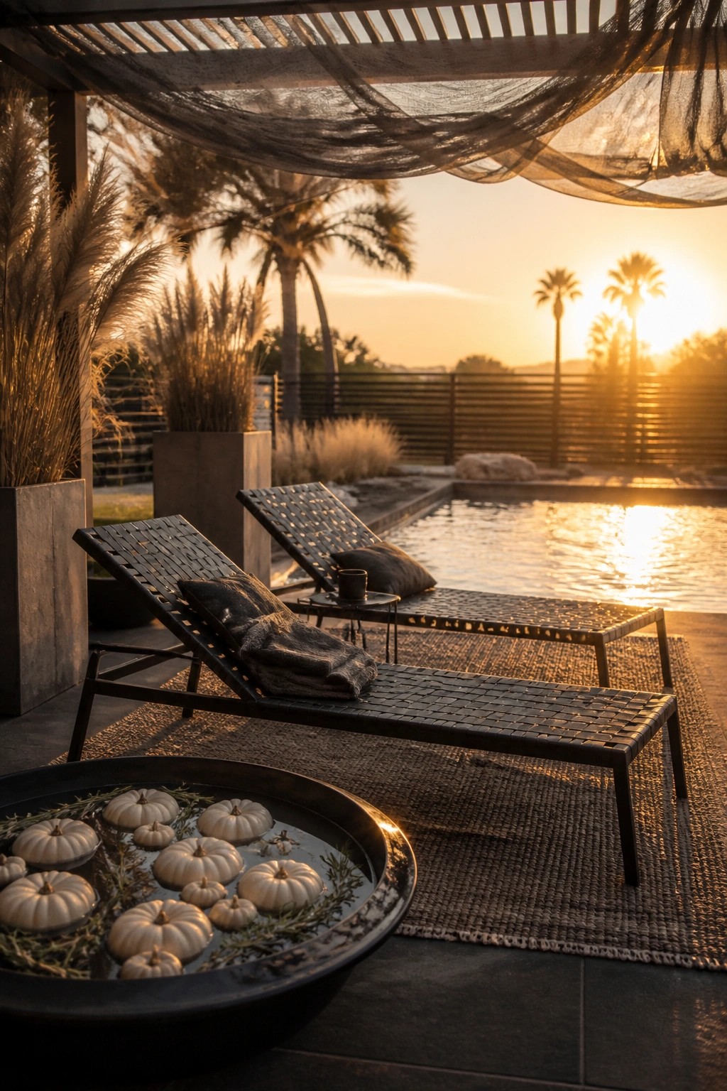 A modern outdoor poolside lounge at sunset with two black woven lounge chairs on a rug, a round black bowl of floating white pumpkins in the foreground, and palm trees behind the pool.