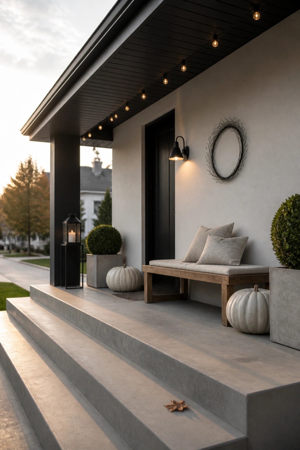 Modern house porch with concrete steps, a wooden bench with gray cushions, white pumpkins, string lights, and a wreath on a light wall.