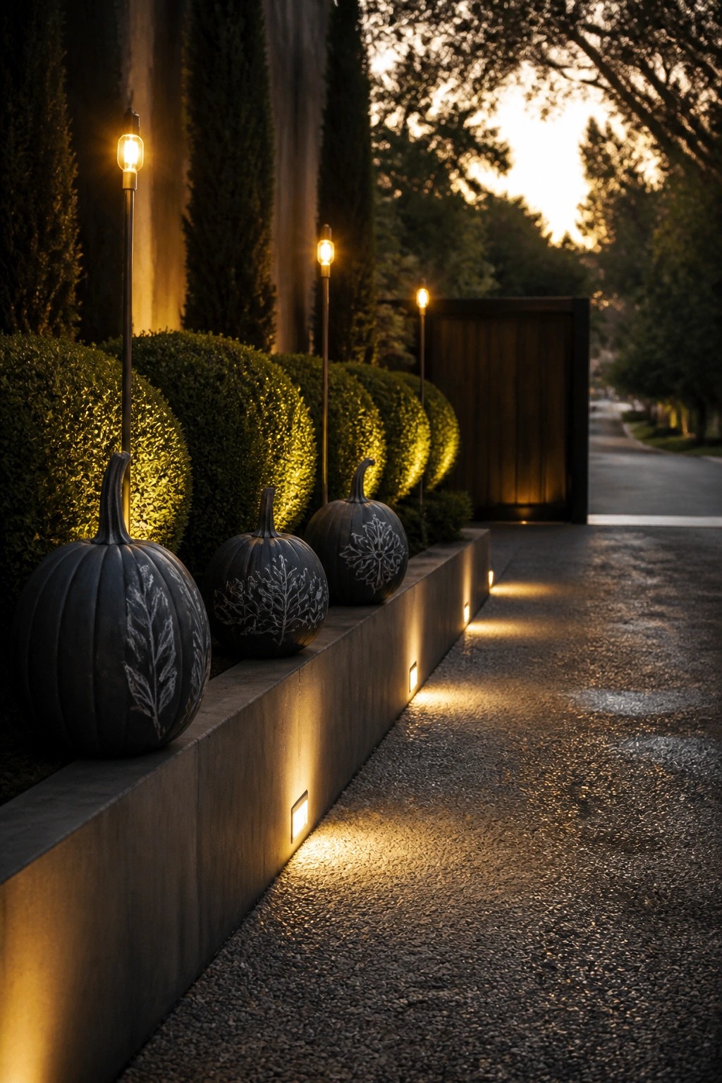 Black pumpkins with white etched designs sit on a low concrete border next to a gravel path with small ground lights and rounded shrubs.