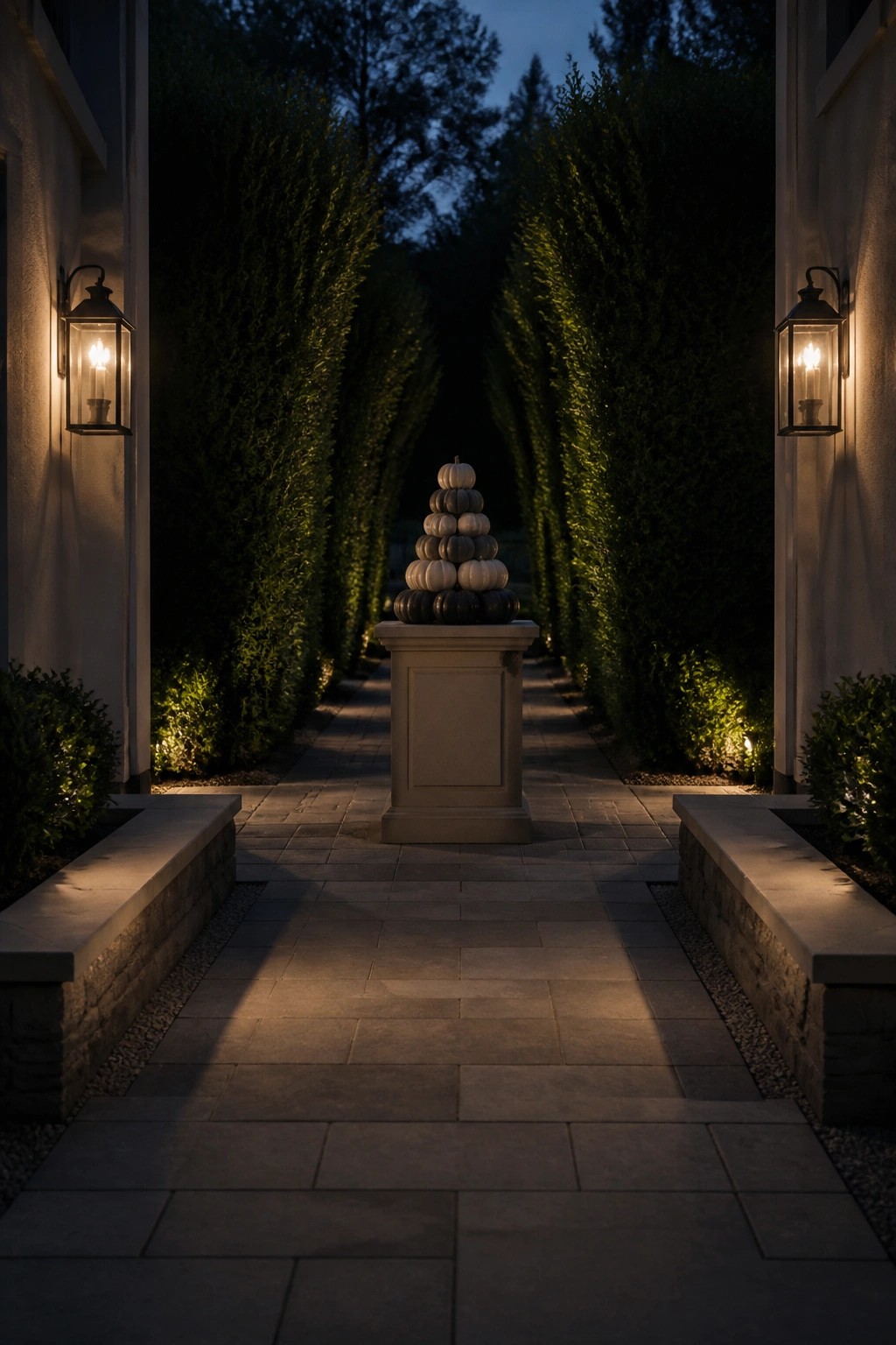 Nighttime stone path with glowing lanterns, hedges, and stacked pumpkins on central pedestal.