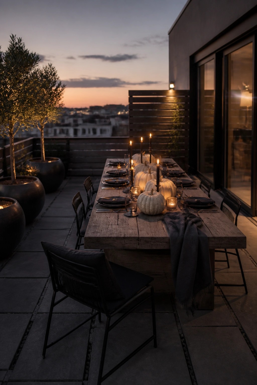 A long wooden dining table on a modern rooftop terrace arranged with white pumpkins, black taper candles, and dark plates at dusk.