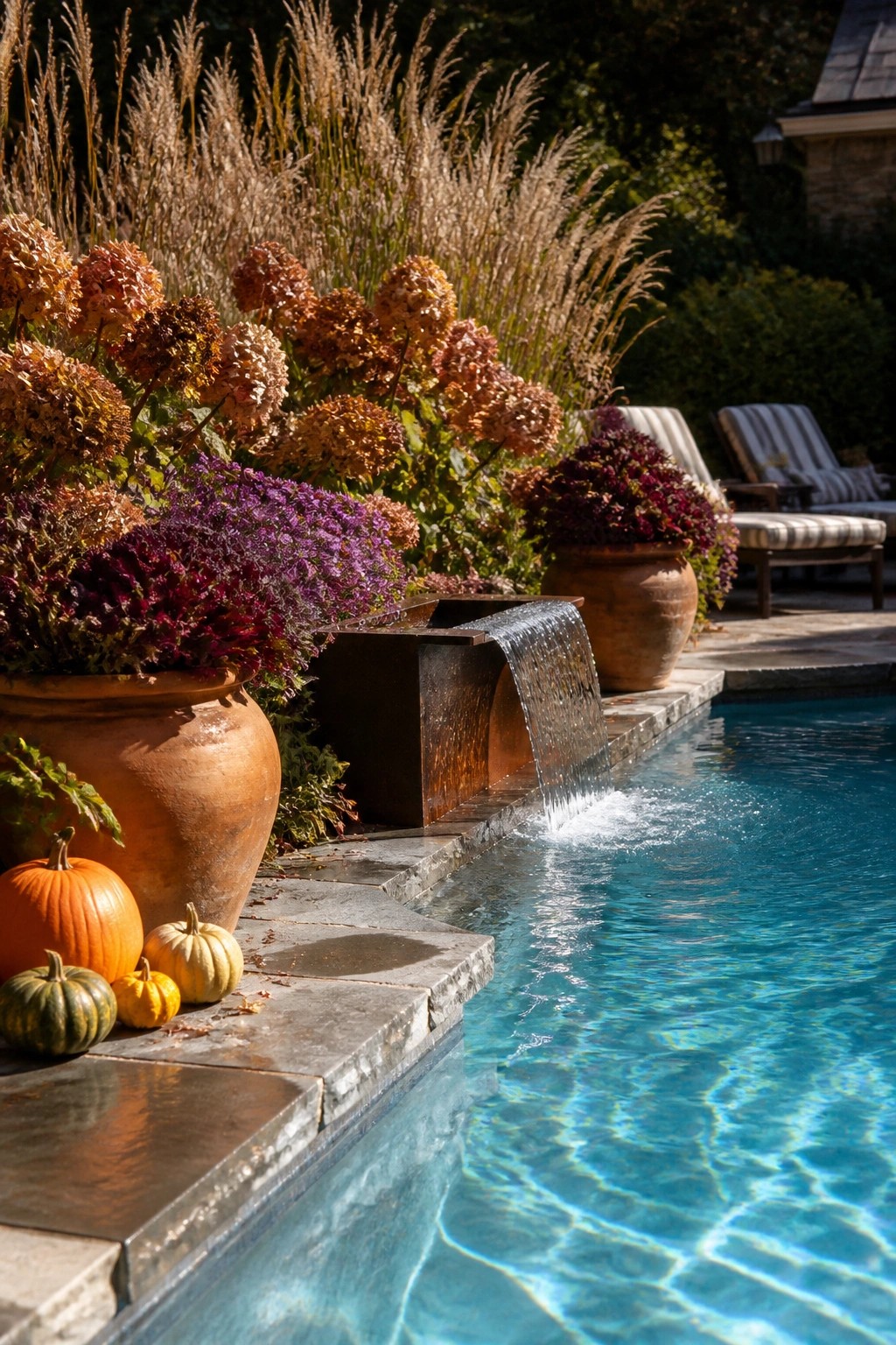 Autumn pool with waterfall spout, terracotta pots of flowers, and pumpkins on stone edge