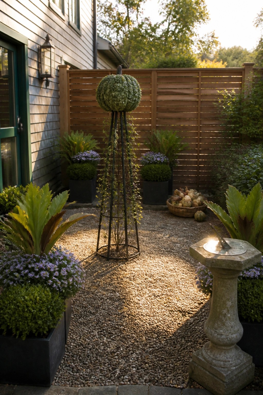 A gravel garden path with a large pumpkin-shaped topiary on a black metal stand, surrounded by potted plants, a basket of gourds, and a wooden fence in the background.