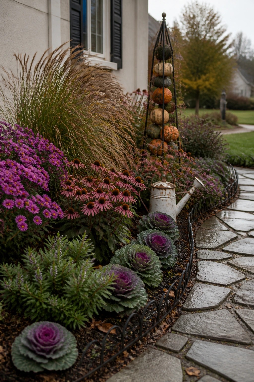 Autumn garden with purple flowers, kale, grasses, stacked pumpkins, and watering can by path