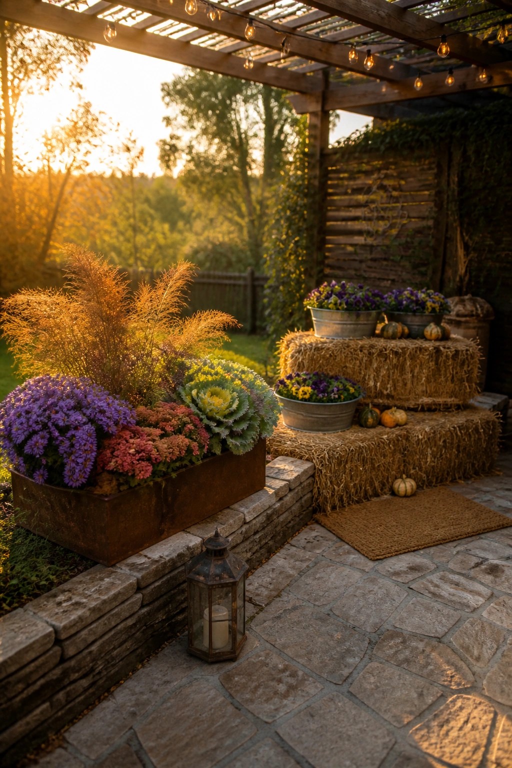 A stone patio under a wooden pergola shows stacked hay bales holding metal pots of purple and yellow flowers with small pumpkins, next to a rusted planter filled with asters and ornamental kale.