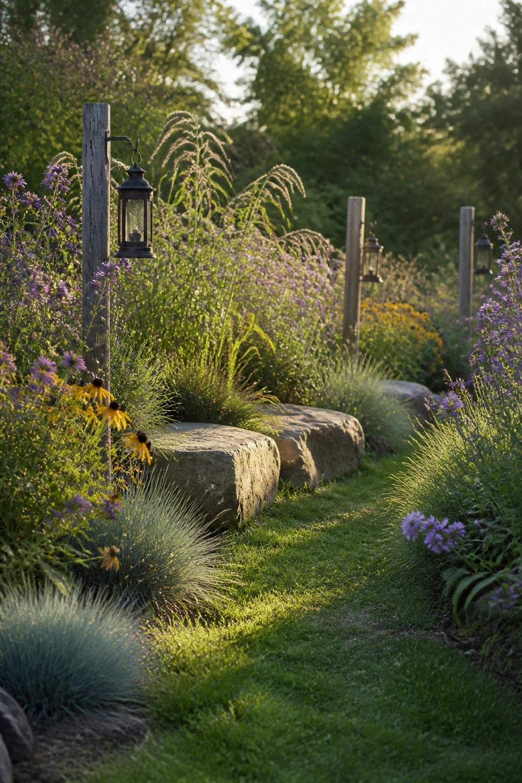 Sunlit garden path bordered by stones, wooden posts with lanterns, purple and yellow flowers