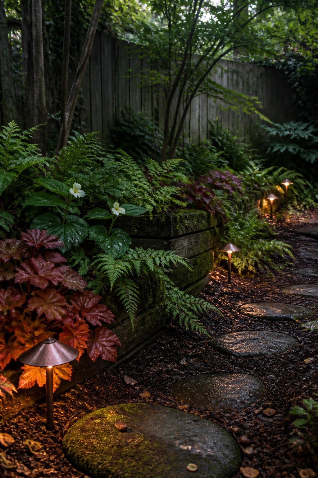 A moss-covered stepping stone path curves through layered ferns and red-leafed plants beside a wooden retaining wall, with small glowing path lights placed along the edge.